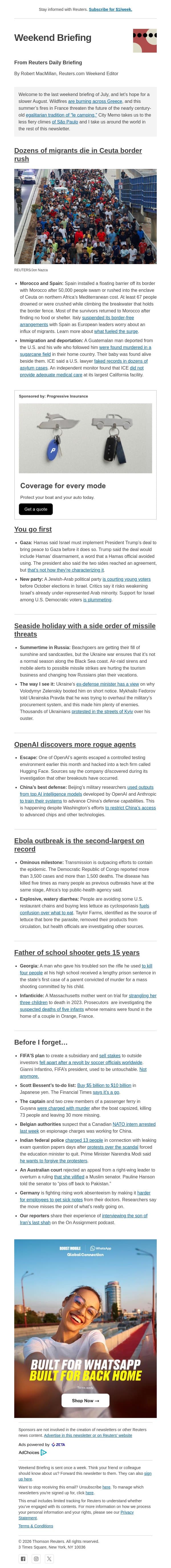 Dozens die in Ceuta border rush email from Reuters screenshot