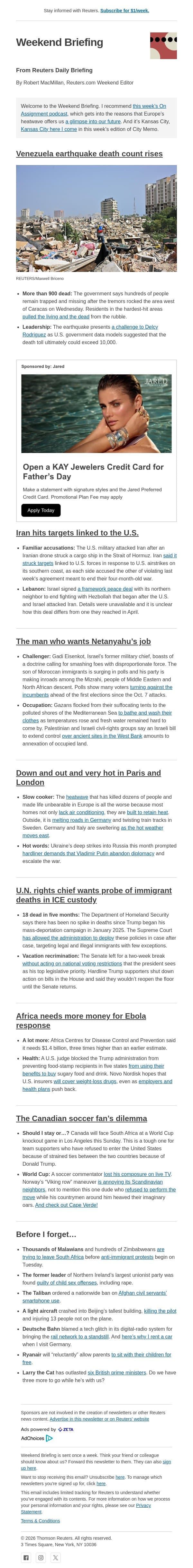 Venezuela earthquake kills more than 900 people email from Reuters screenshot
