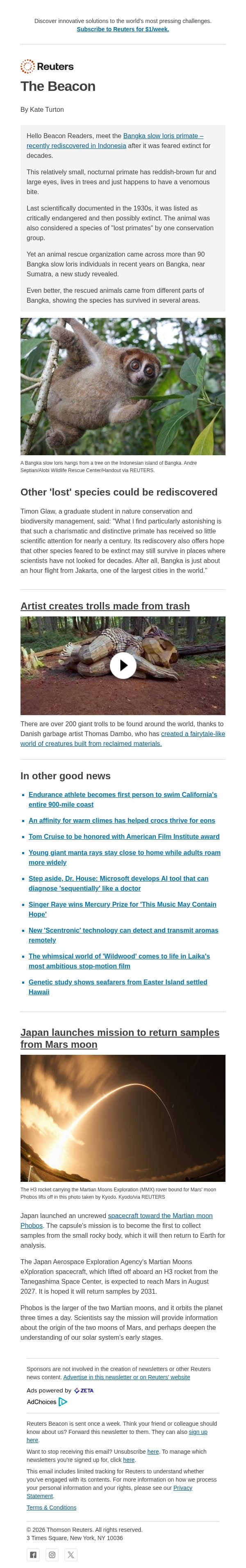 A lost primate is found again email from Reuters screenshot