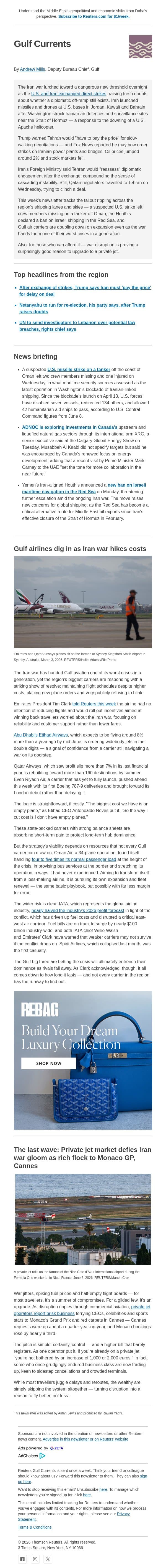 Gulf airlines don’t blink as war flares email from Reuters screenshot