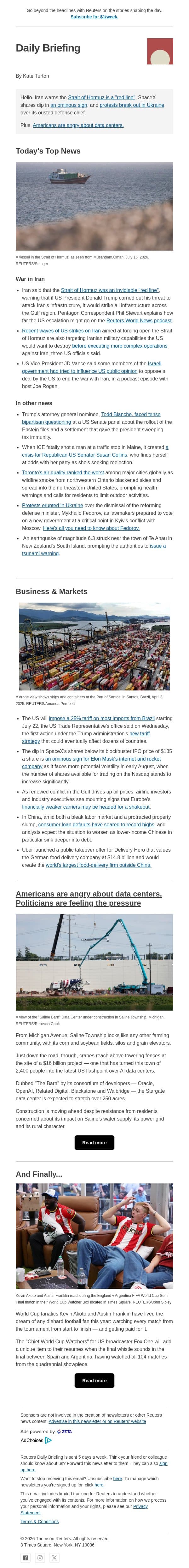 Americans are angry about data centers email from Reuters screenshot