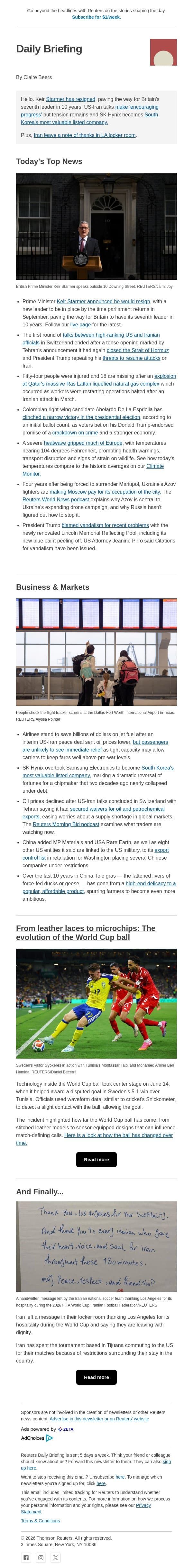 UK set for seventh PM in 10 years email from Reuters screenshot