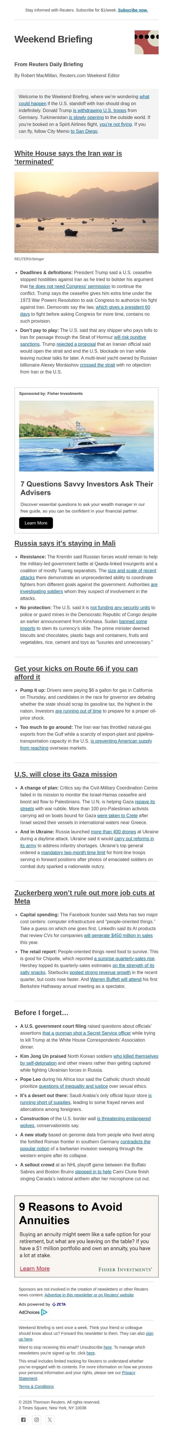 Why Trump ‘terminated’ hostilities with Iran email from Reuters screenshot