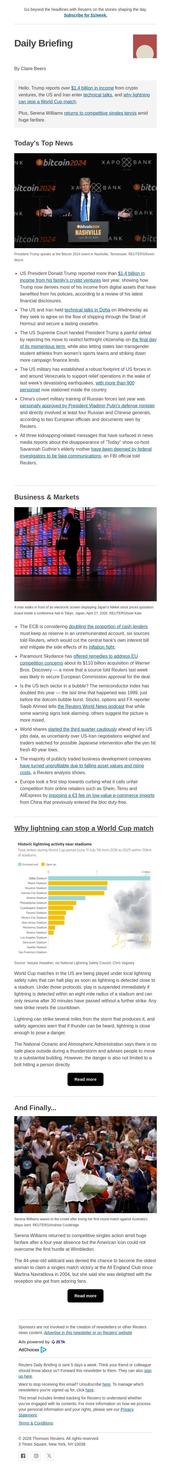 Trump's $1.4 billion crypto payday email from Reuters screenshot