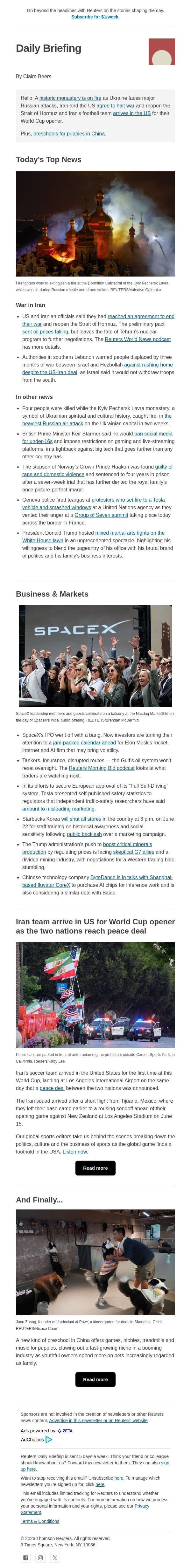 Historic Ukrainian monastery in flames email from Reuters screenshot