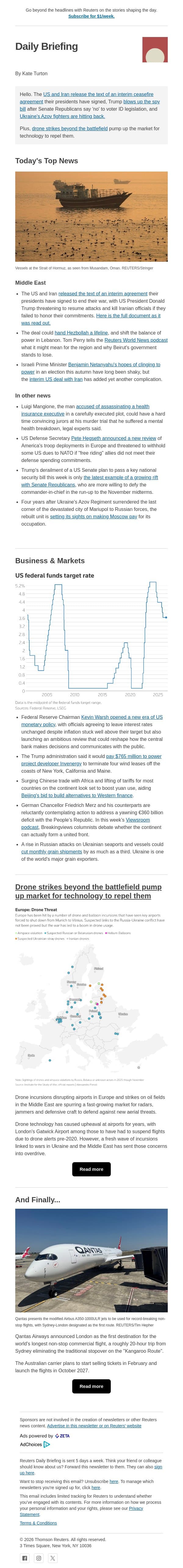 US and Iran sign ceasefire agreement email from Reuters screenshot
