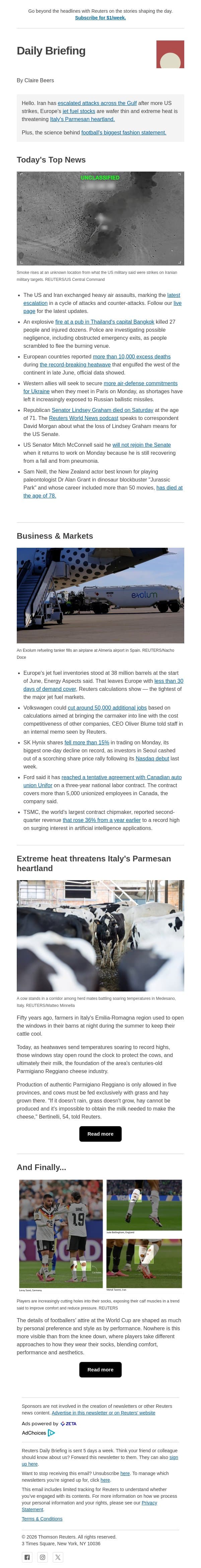 Iran escalates attacks across the Gulf after more US strikes email from Reuters screenshot