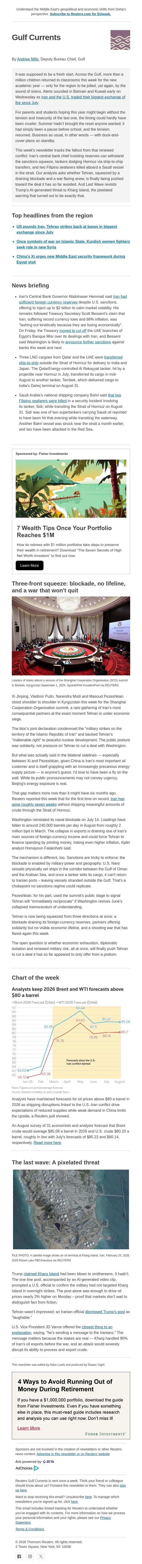 Iran faces pressure from all sides email from Reuters screenshot