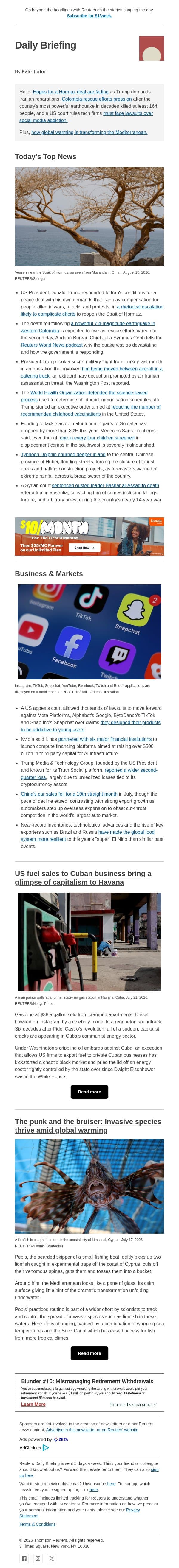 Hopes for Hormuz deal fade email from Reuters screenshot