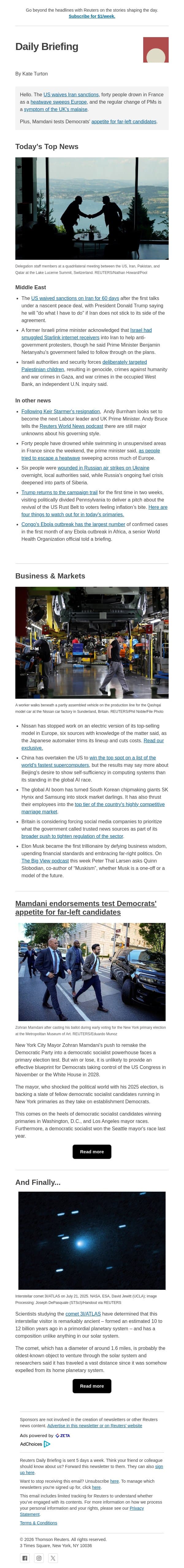 US waives Iran sanctions email from Reuters screenshot
