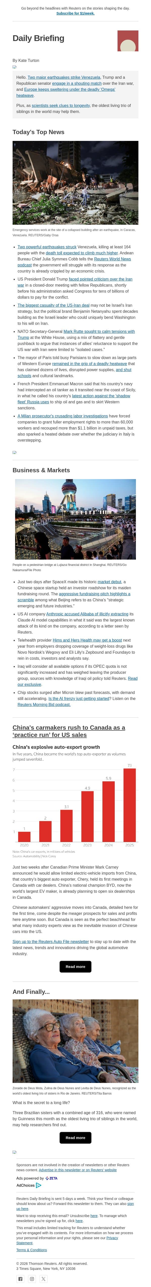 Major earthquakes strike Venezuela email from Reuters screenshot