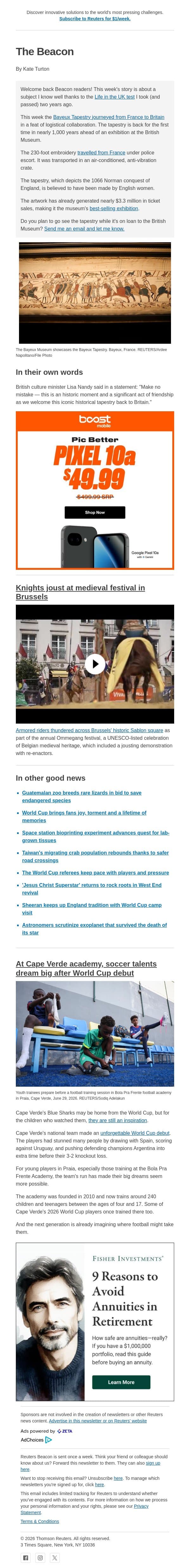 Bayeux Tapestry returns to Britain email from Reuters screenshot