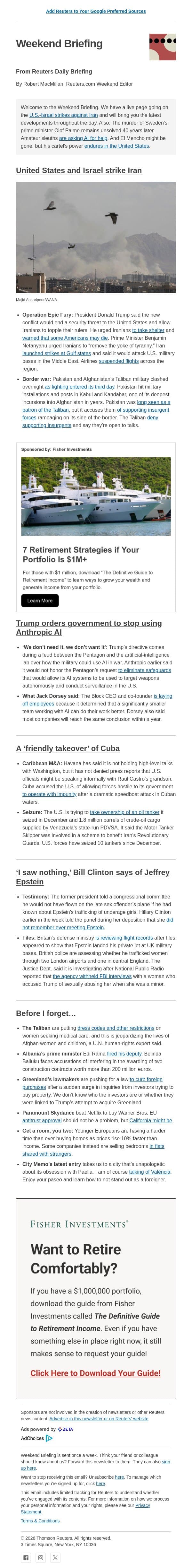 U.S., Israel strike Iran, plunging Middle East into new conflict email from Reuters screenshot