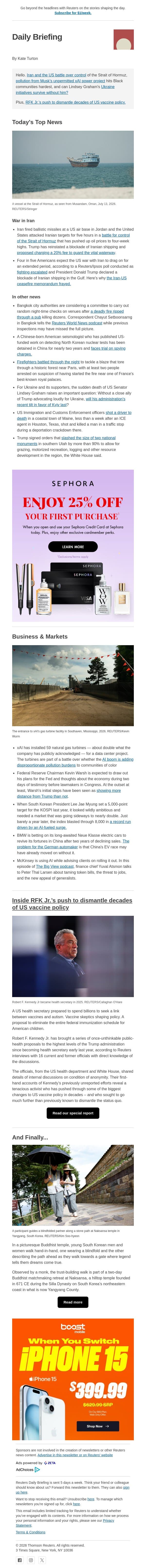 The battle for the Strait of Hormuz email from Reuters screenshot