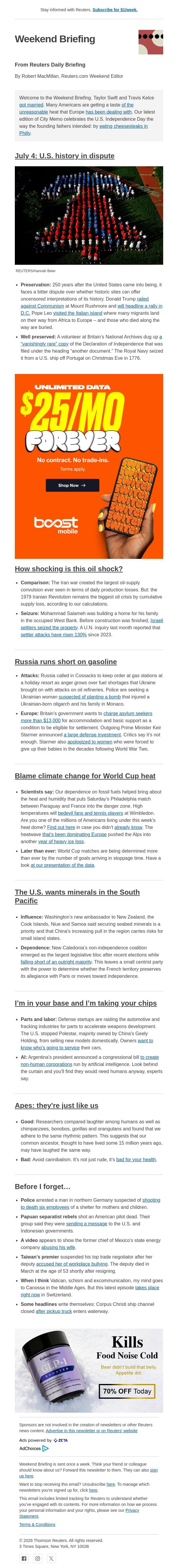 July 4: U.S. history in dispute email from Reuters screenshot
