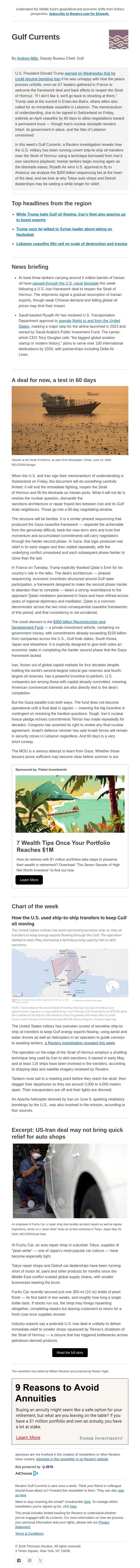 The deal: calm now, risks ahead email from Reuters screenshot