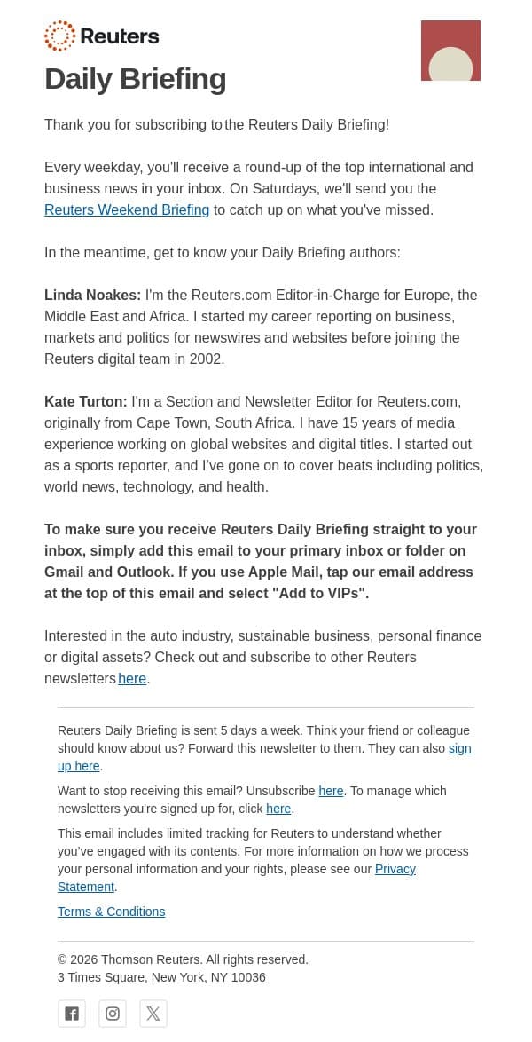 Welcome to the Daily Briefing email from Reuters screenshot