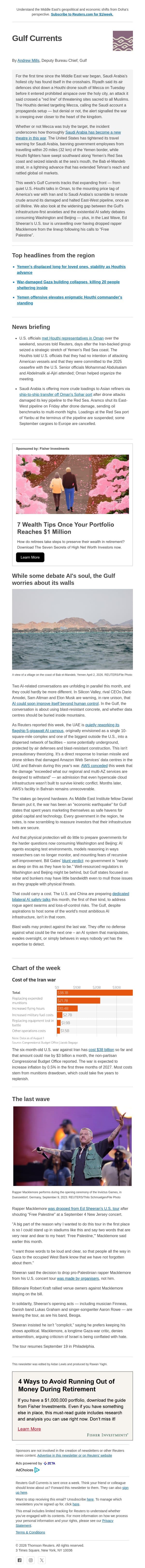 Blast-proofing Gulf AI infrastructure email from Reuters screenshot