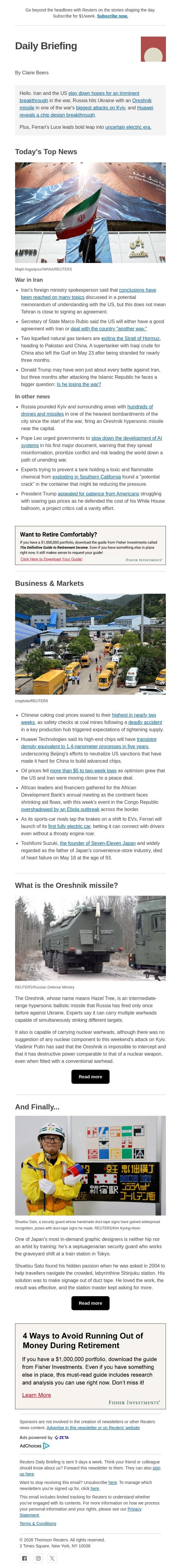 Iran-US talks continue, no breakthrough yet on war email from Reuters screenshot