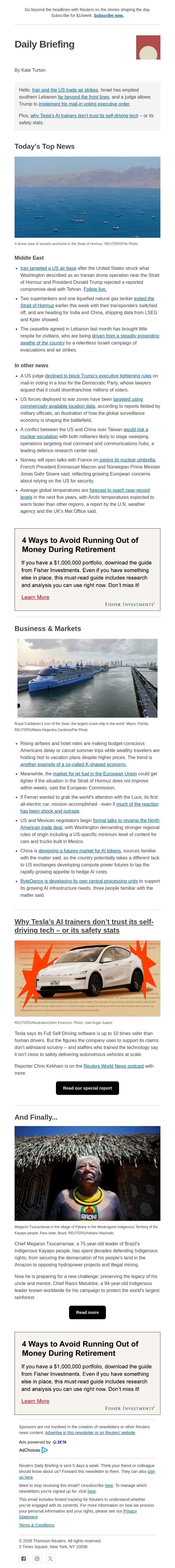 US and Iran exchange strikes email from Reuters screenshot