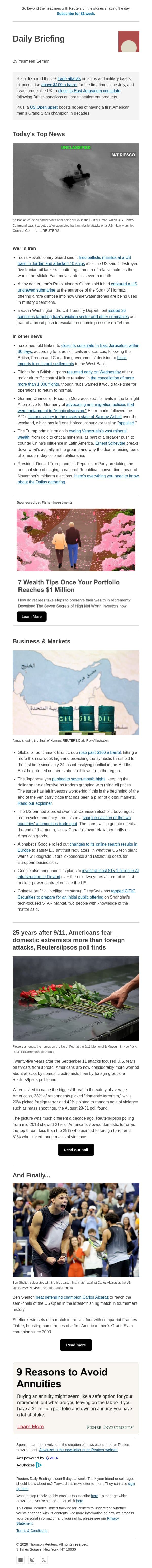 Iran war ramps up email from Reuters screenshot