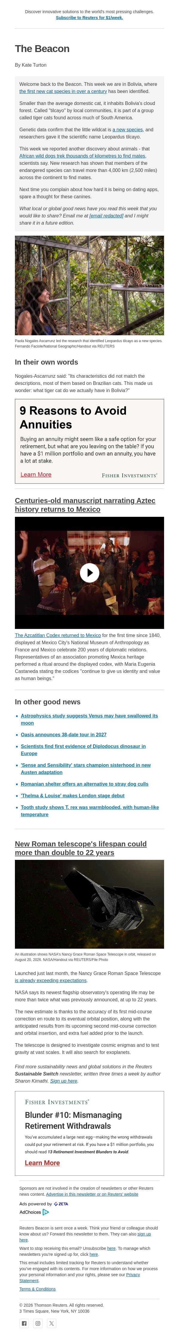 New cat species unveiled in Bolivia email from Reuters screenshot