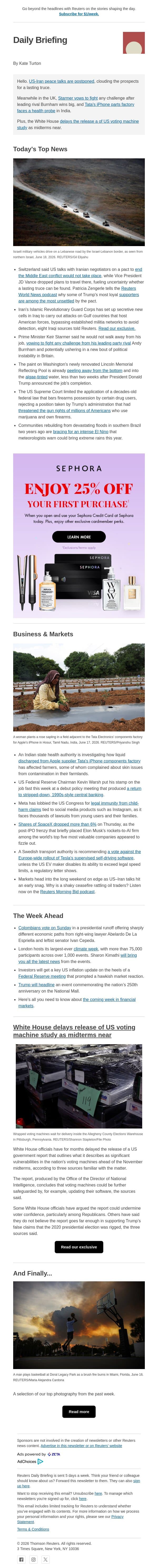Peace talks postponed email from Reuters screenshot