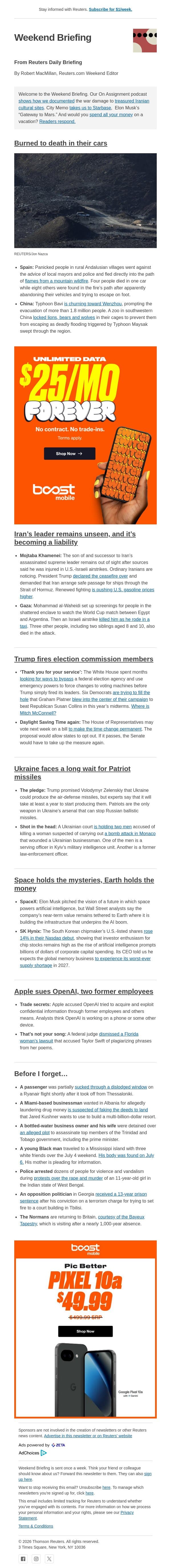Burned to death in their cars email from Reuters screenshot