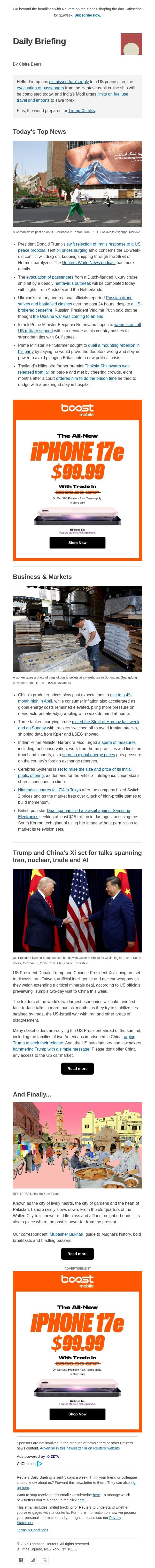 Trump rejects Iran's response to a US peace proposal email from Reuters screenshot