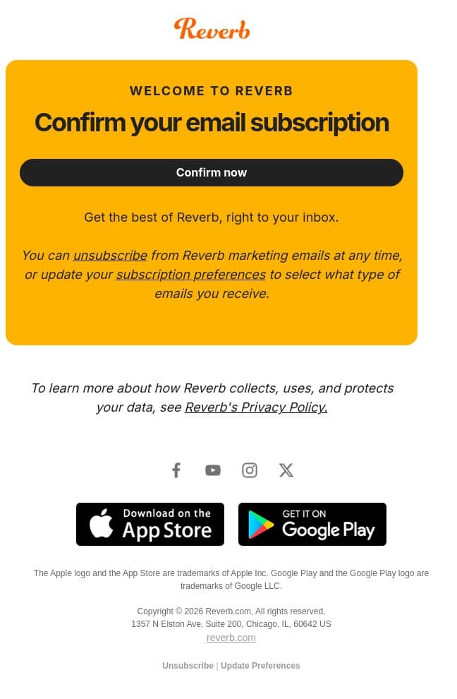 Confirm your Reverb subscription email from Reverb screenshot