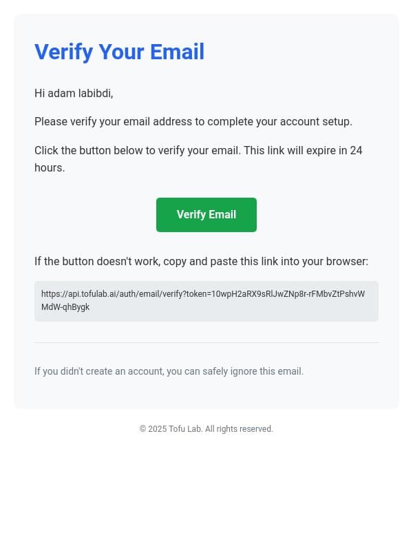 Verify Your Email - Tofu Lab email from Revery screenshot