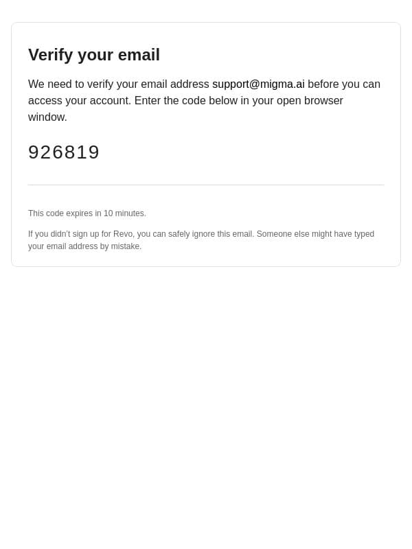 Verify your email address email from Revo AI screenshot