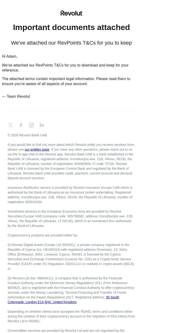 Our RevPoints T&Cs are inside 📣 email from Revolut screenshot