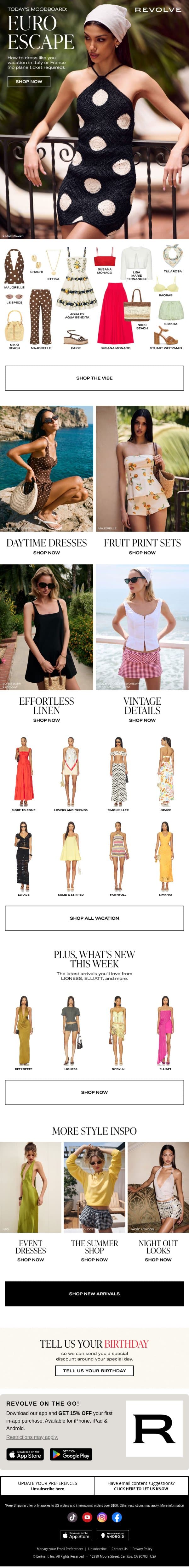 The Vacay Vibe Is Euro Escape email from Revolve screenshot