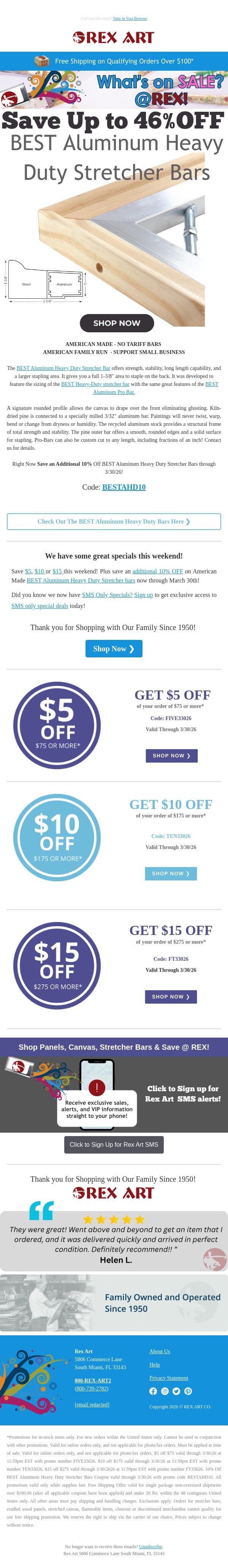 Save 46% On AMERICAN MADE BEST Stretcher Bars @ Rex! 🎨 email from Rex Art screenshot