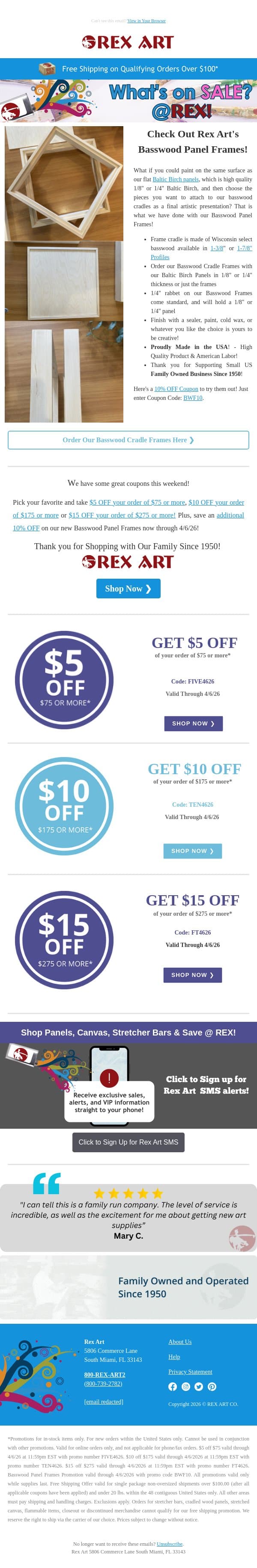 Save 10% on Our US Made Basswood Cradle Frames @ Rex! 🎨 email from Rex Art screenshot