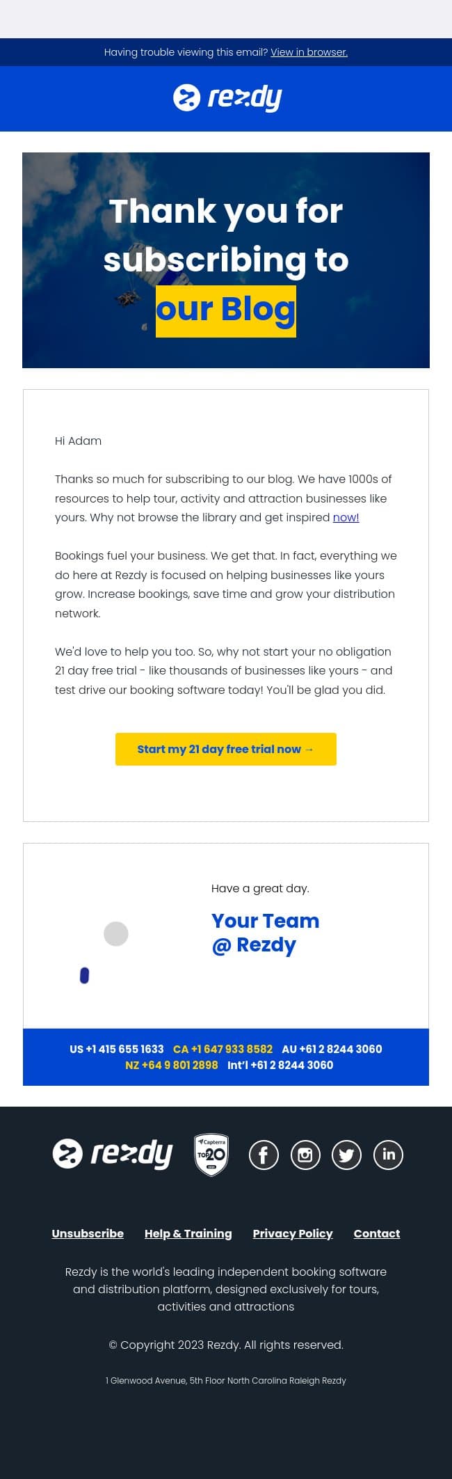 Thanks for Subscribing to the Rezdy Blog email from Rezdy screenshot