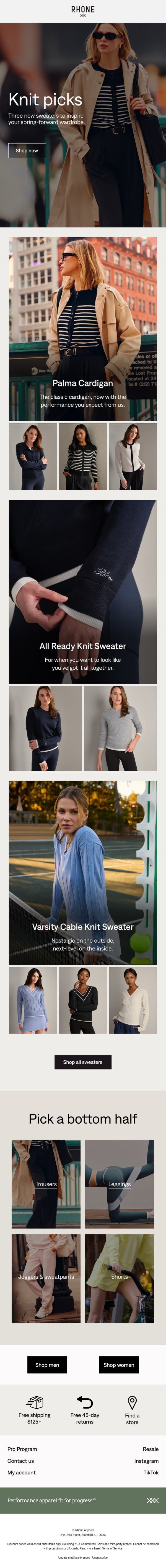 The spring sweater edit email from Rhone screenshot