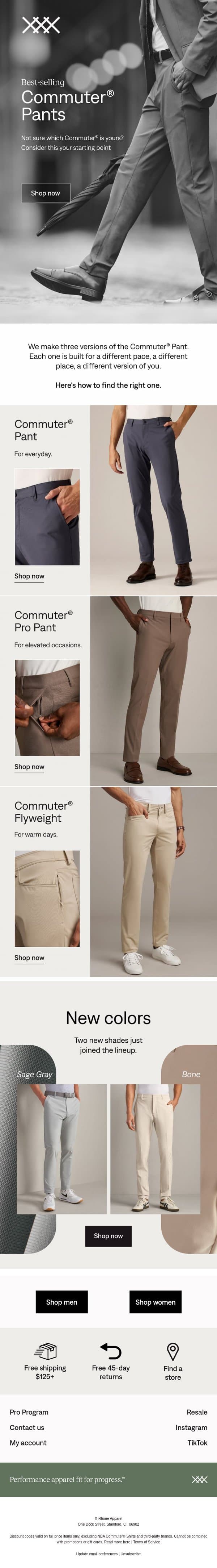 The Commuter® Pant guide email from Rhone screenshot