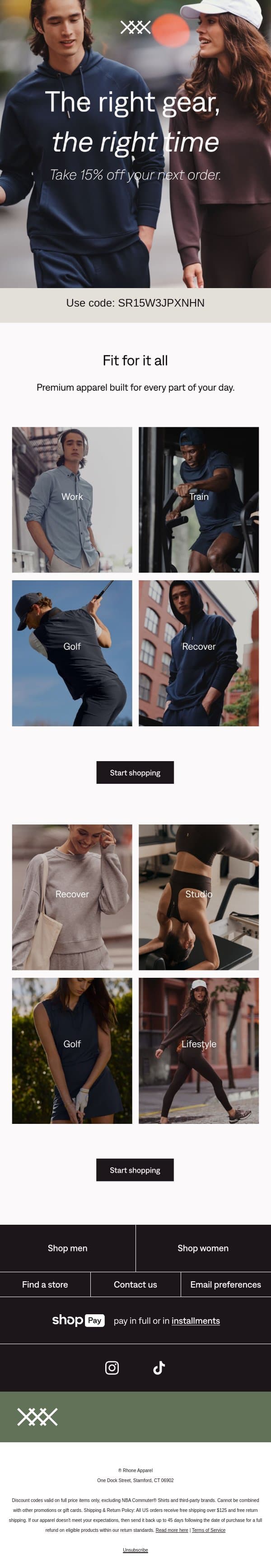 Your 15% off expires tonight email from Rhone screenshot