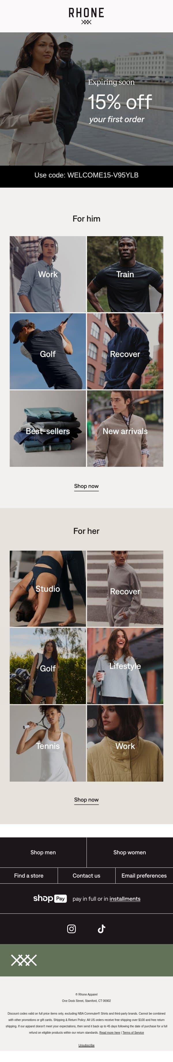 Performance apparel fit for progress email from Rhone screenshot