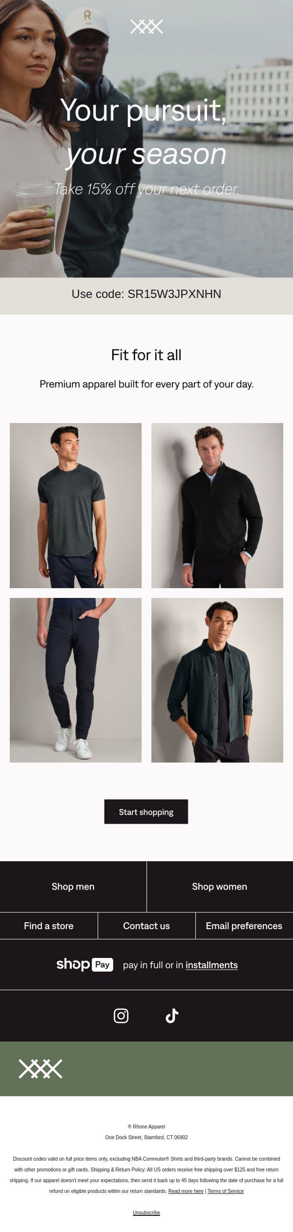 15% off, back to your best email from Rhone screenshot