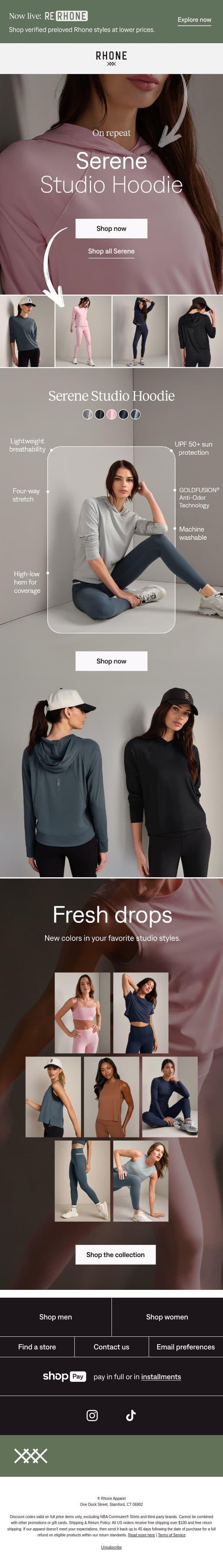 New in: Serene Studio Hoodie email from Rhone screenshot