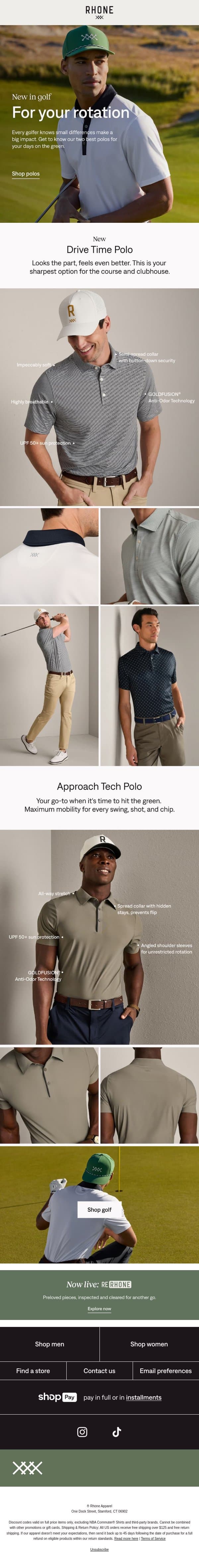 The golf polo guide email from Rhone screenshot