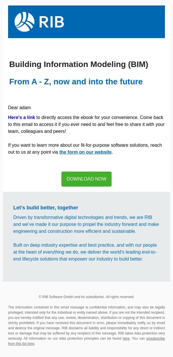 Here's your link to our ebook, enjoy the read! email from RIB IMS screenshot