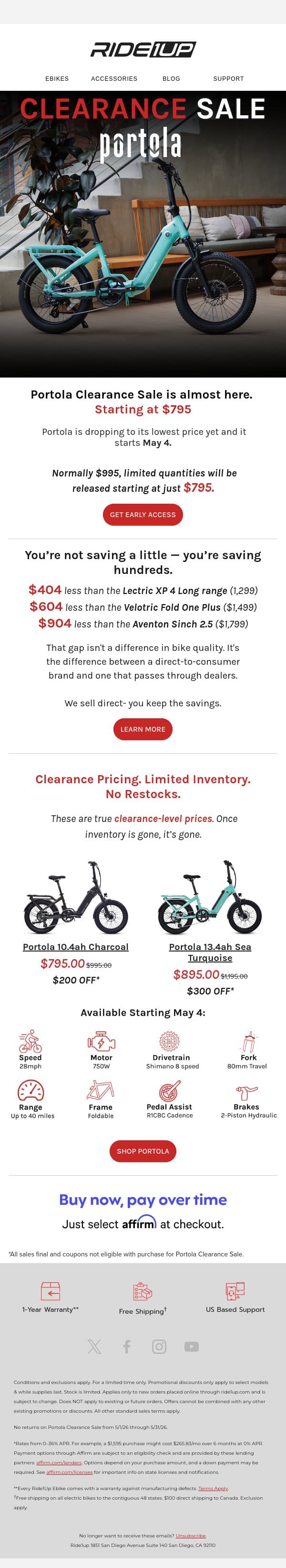 $600 less than the competition? email from Ride1Up screenshot