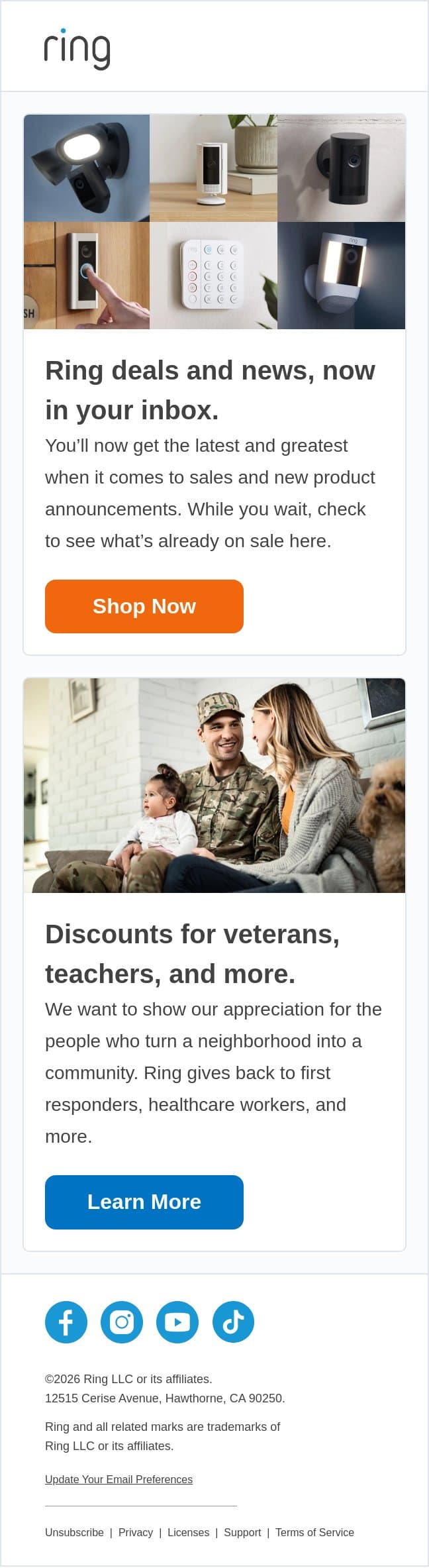 Welcome to Deals and Announcements email from Ring screenshot