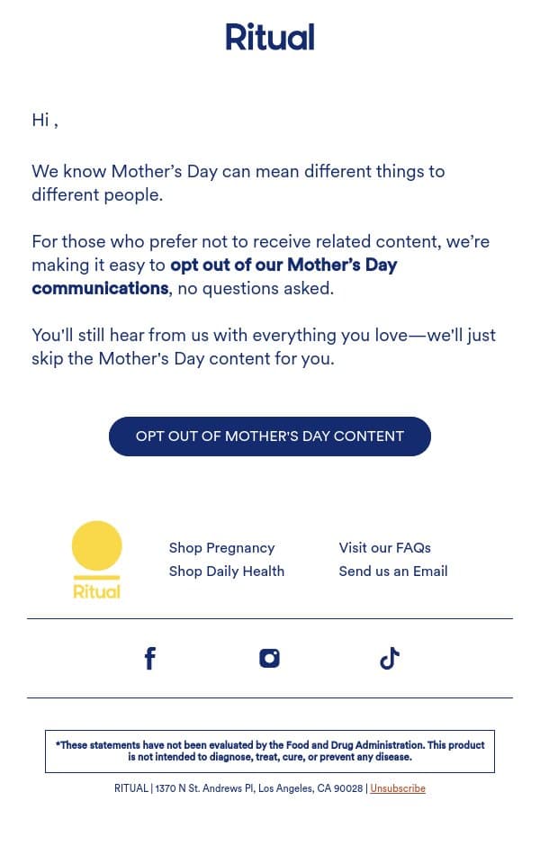 A quick note on how to skip Mother’s Day content email from Ritual screenshot