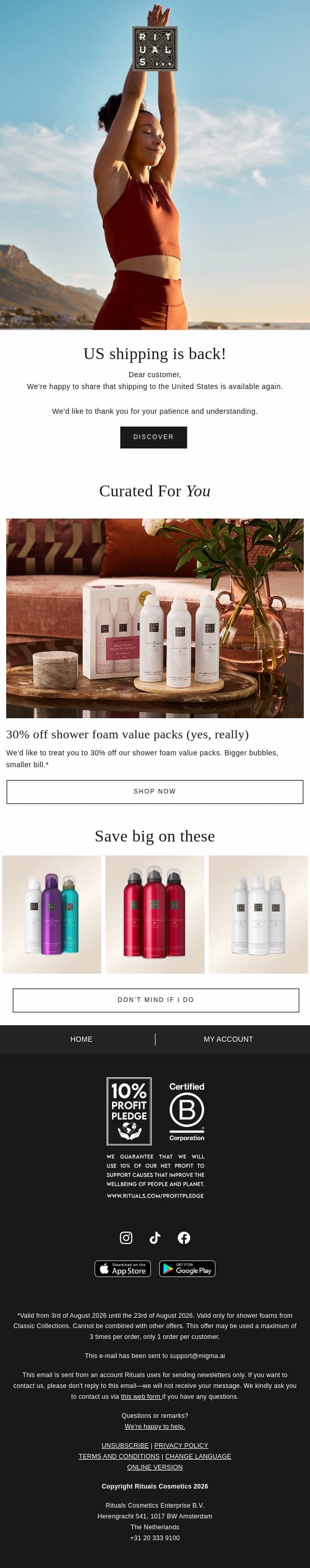 Great news | US shipping is back! email from Rituals screenshot