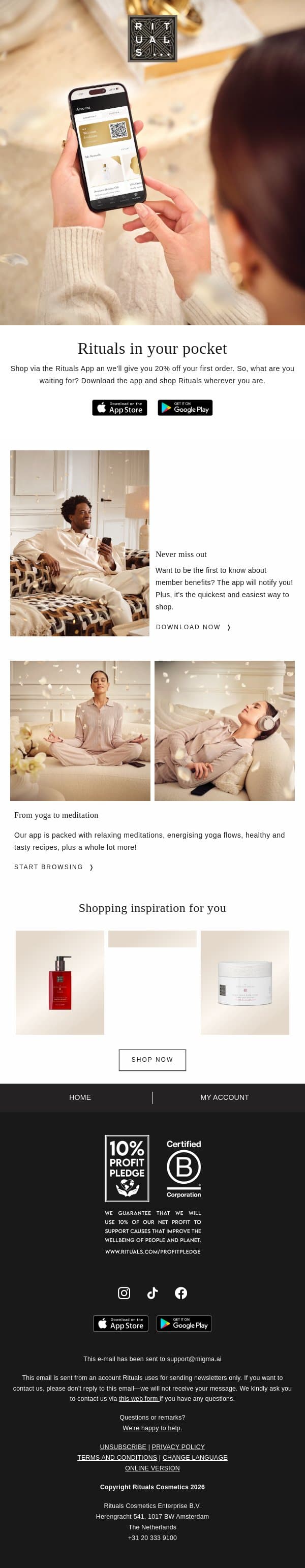 Get 20% off your first app order 📱 email from Rituals screenshot